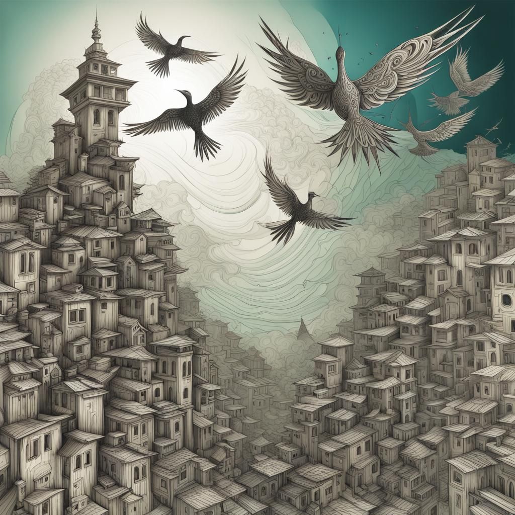 Birds Soaring Over Decaying City in Abstract Vector Art