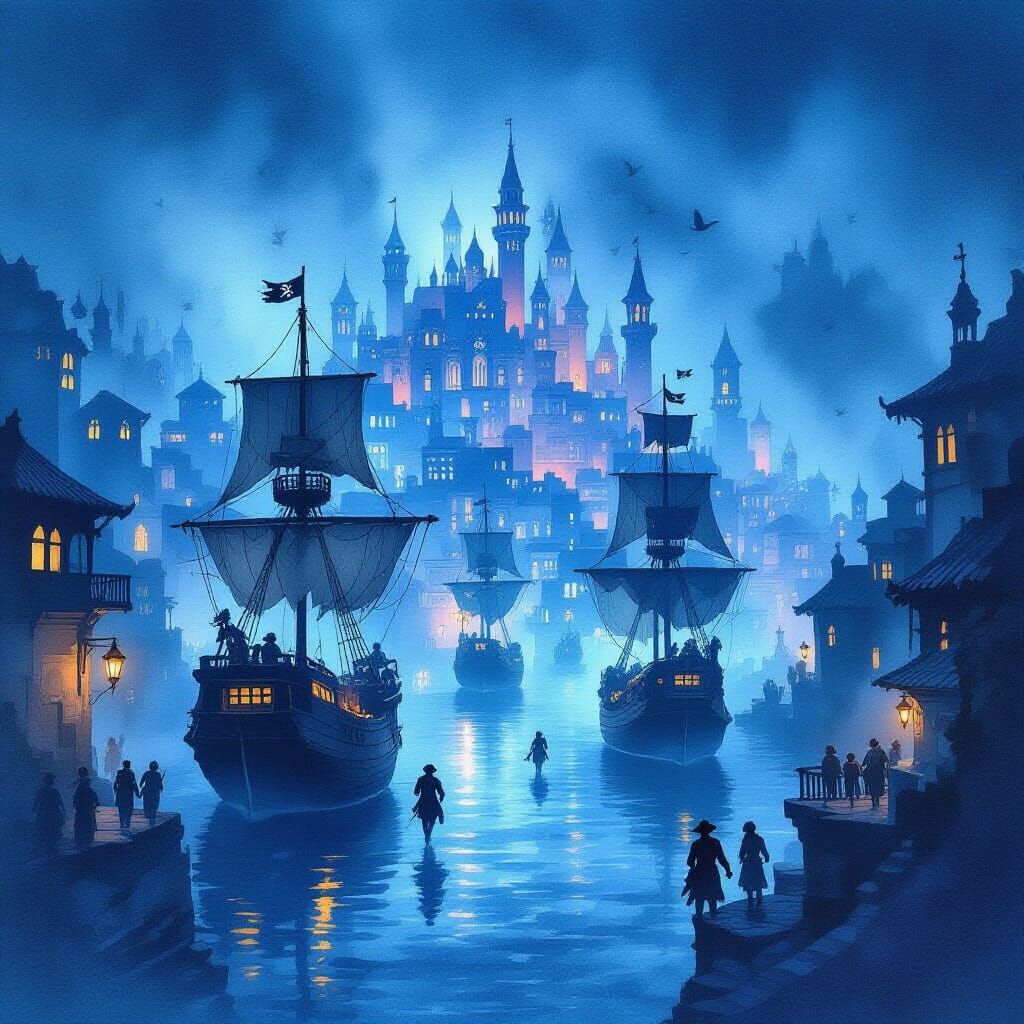 Fog Shrouded City of Skypirates: Watercolour Painting