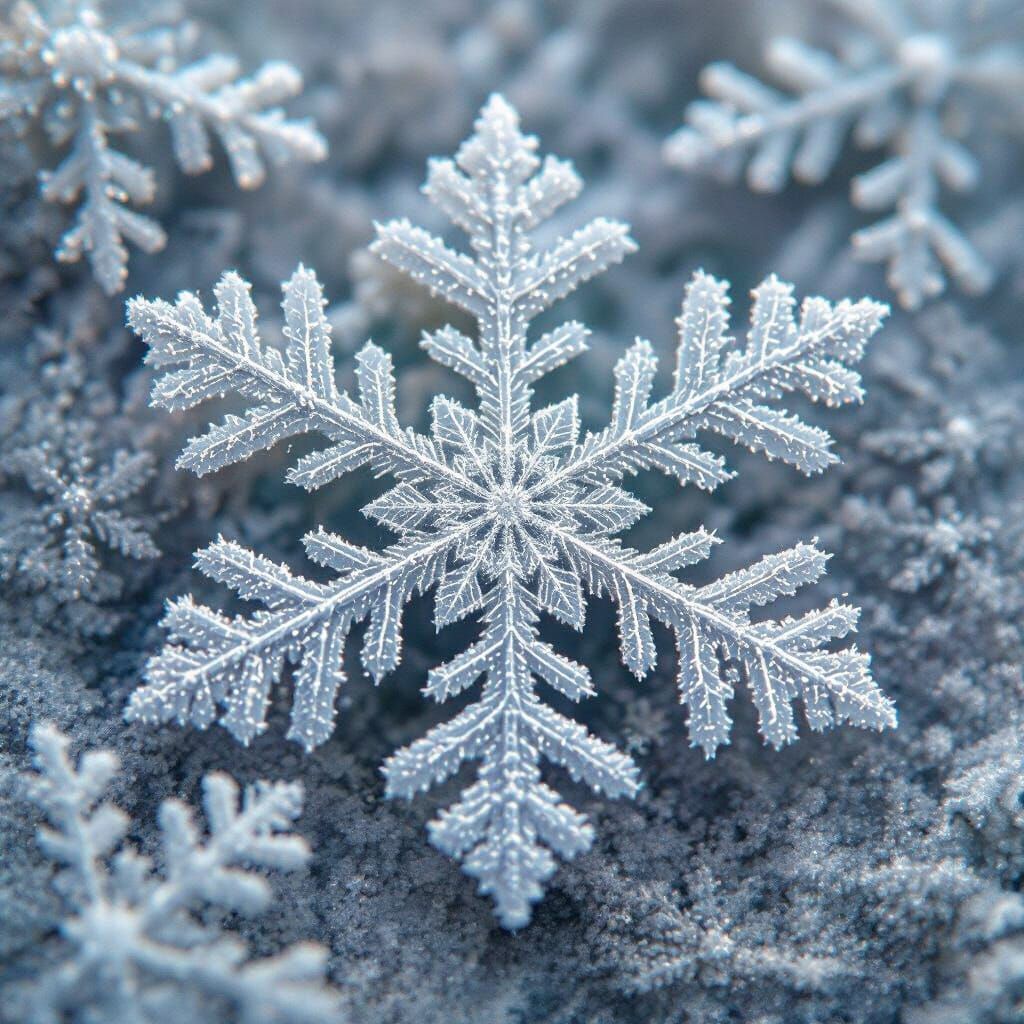 Detailed Snowflakes Up Close: A Surreal Winterscape