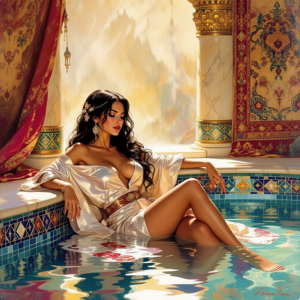 Ornate Fantasy Bathhouse Scene in Frazetta Style