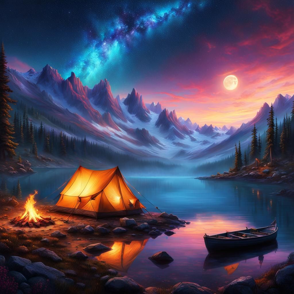 Serene Alpine Lake Camping Under Milky Way