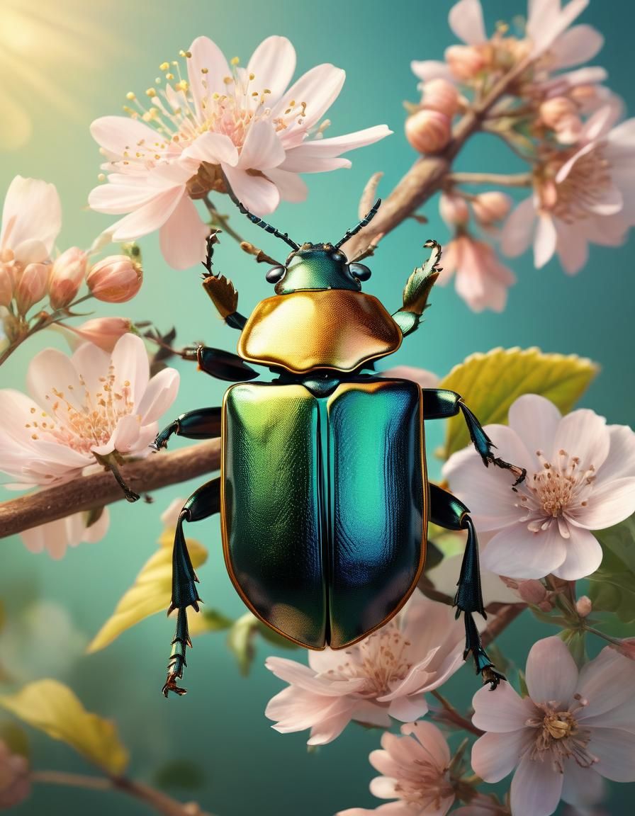 Beetle on Blossoming Branch in Hyperrealistic Digital Art