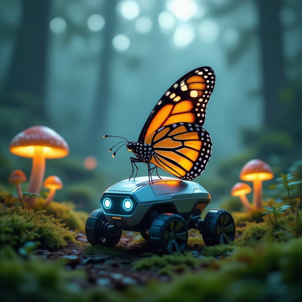 Glowing Butterfly on Robot in Misty Forest