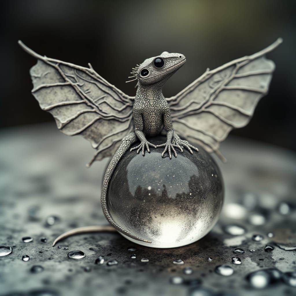 Surreal Lizard on Glass Orb in Ethereal Mist