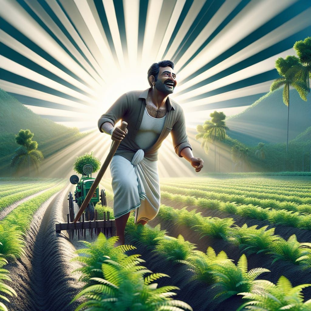 Joyful Farmer Plowing Field in Cinematic 3D Art