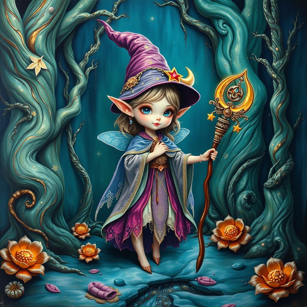 Chibi Fairy Elf Witch in Surreal Impasto Dreamscape