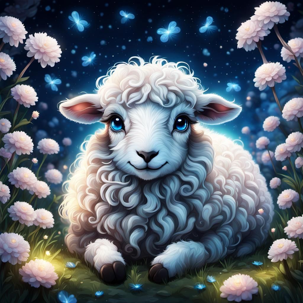 Adorable Sheep with Fireflies in Digital Art