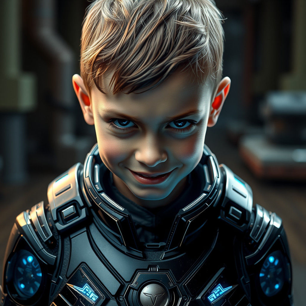 Boy as Supervillain with Futuristic Armor, Photorealistic