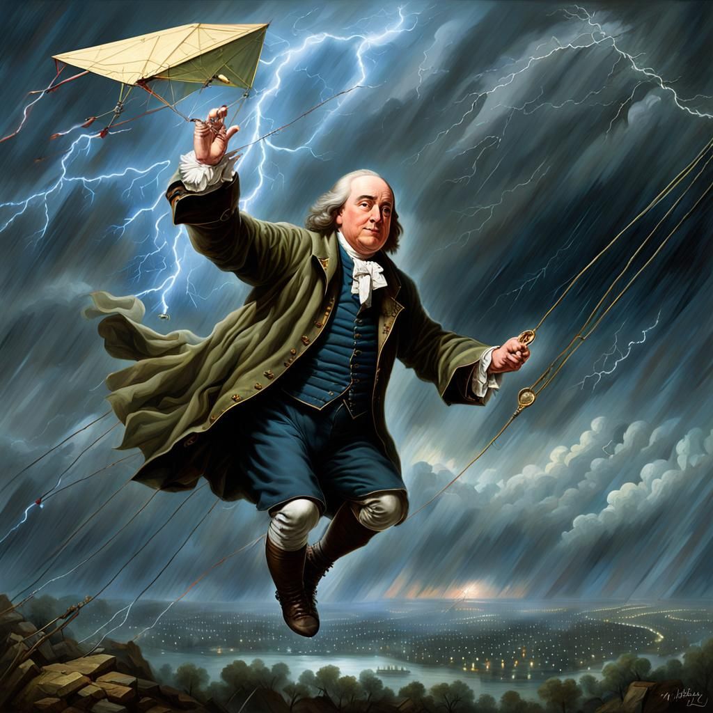 Dramatic Painting of Ben Franklin Flying Kite