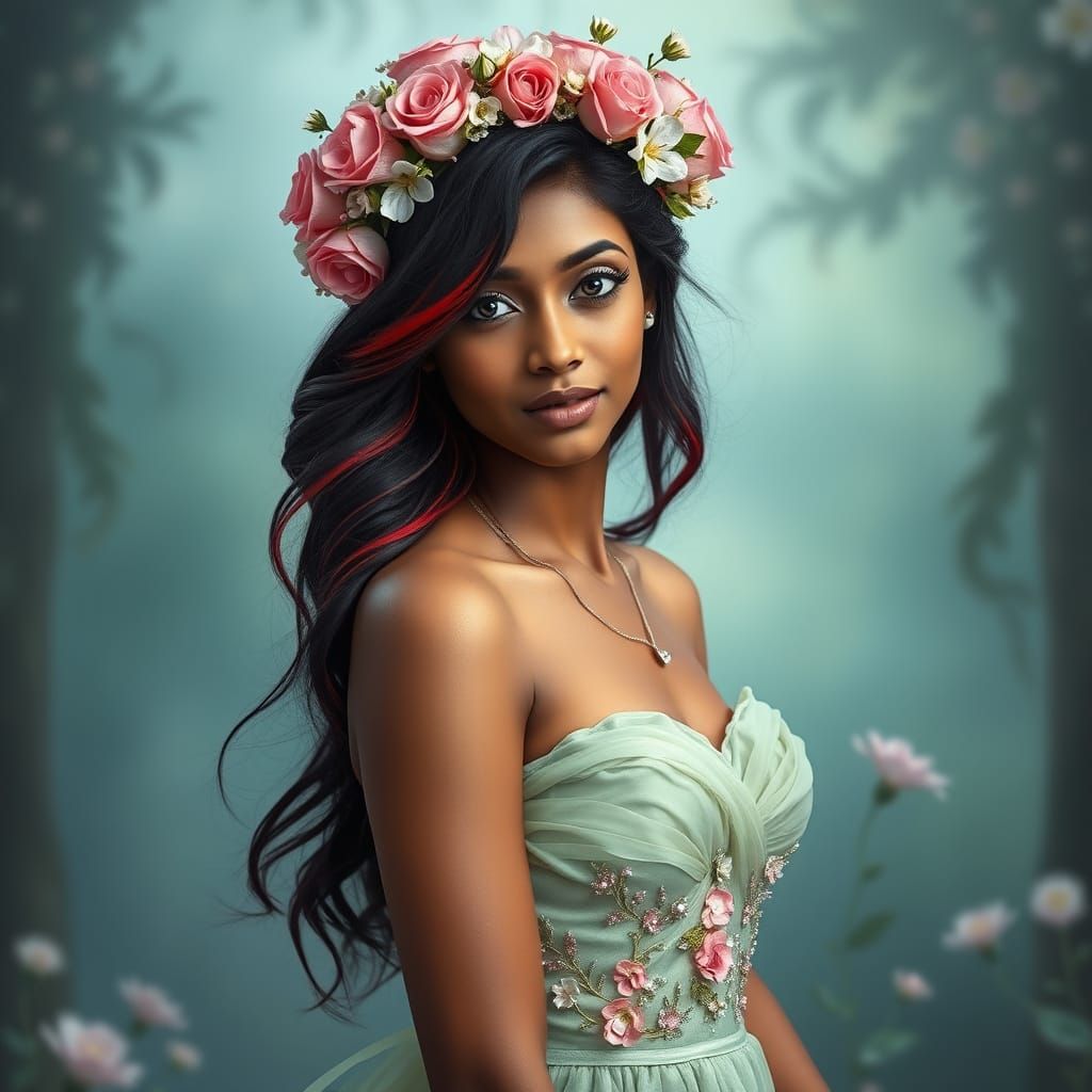 Dreamy Indian Woman with Floral Wreath in Pastel Gown
