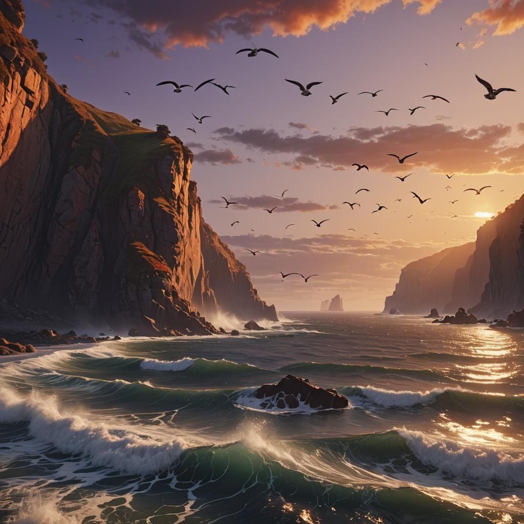Spectacular Coastal Sunset: A Hyper-Realistic Ocean Landscap...