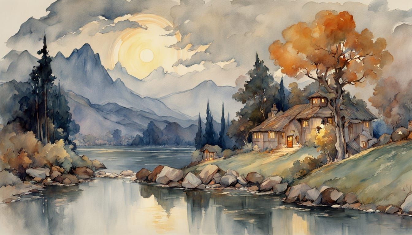 Serene Fantasy Village Under Starry Night Sky