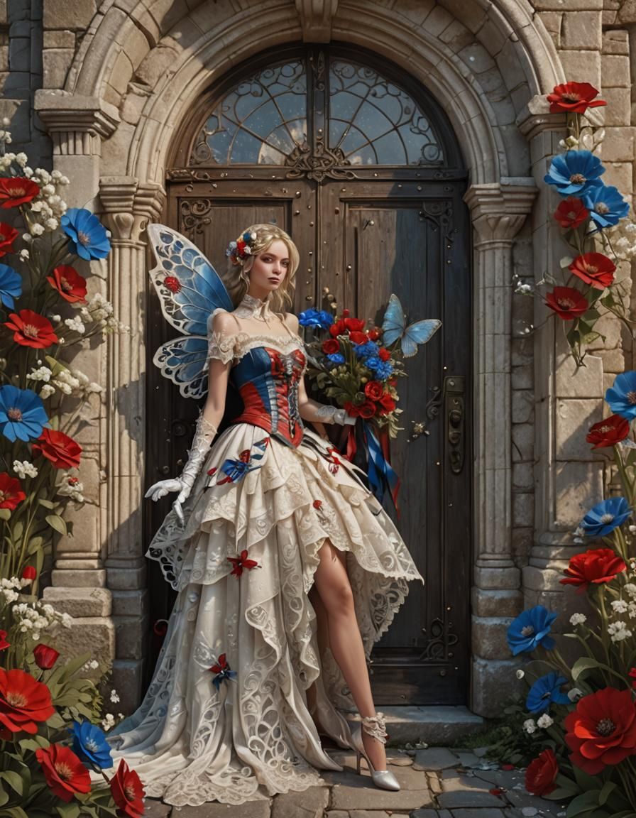 Vintage Grunge Fairy with Patriotic Flowers and Lace