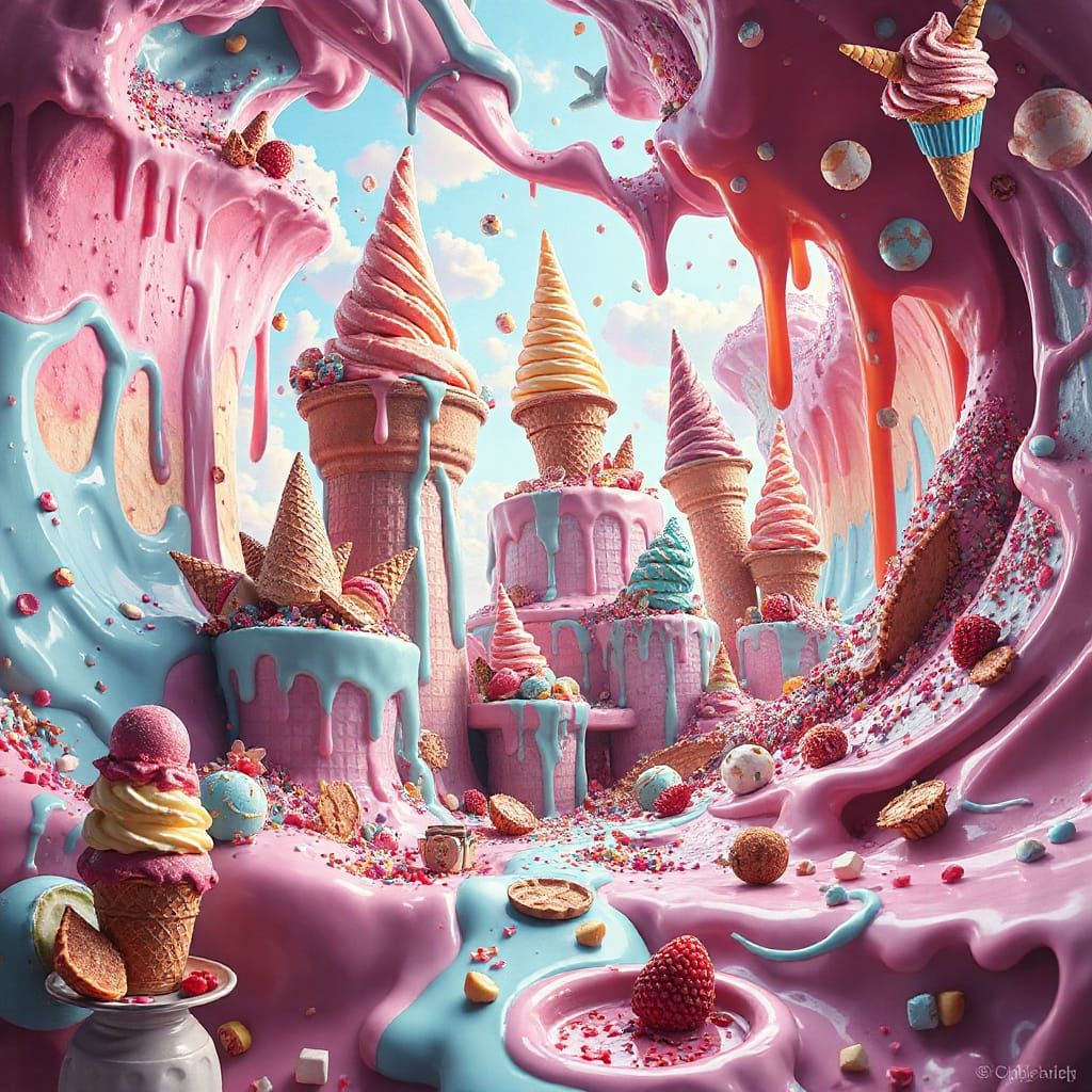 Hyperrealistic Ice Cream Vortex in Dreamy Landscape
