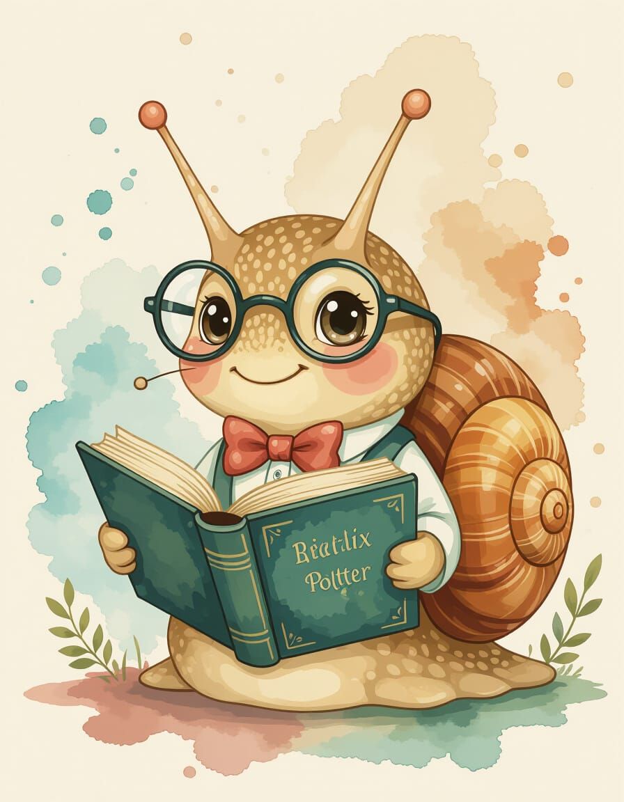 Snail Reader with Watercolor Splashes