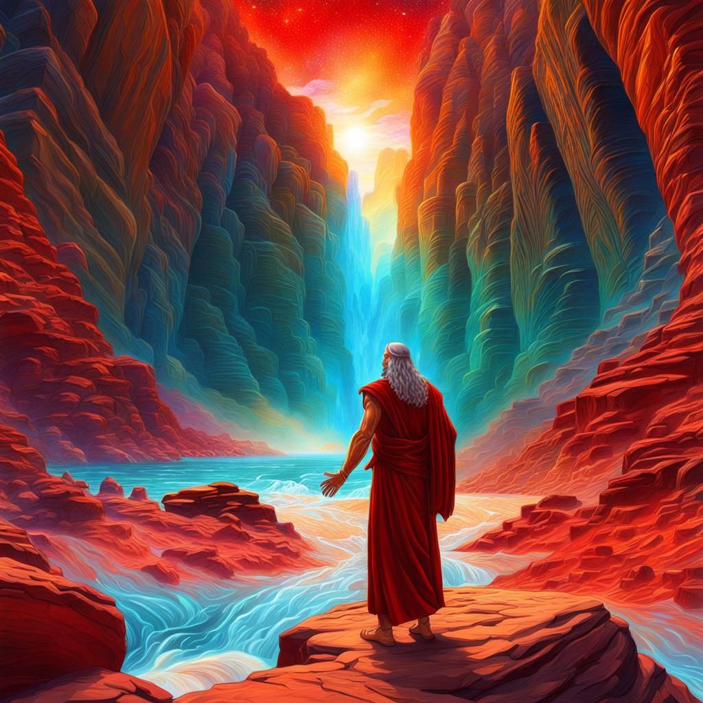 Moses Parts Red Sea in Desert Canyon
