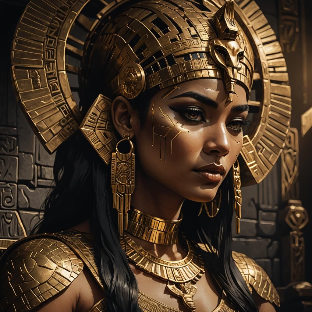 Cleopatra Brutalist Portrait with Egyptian Gold Ornaments