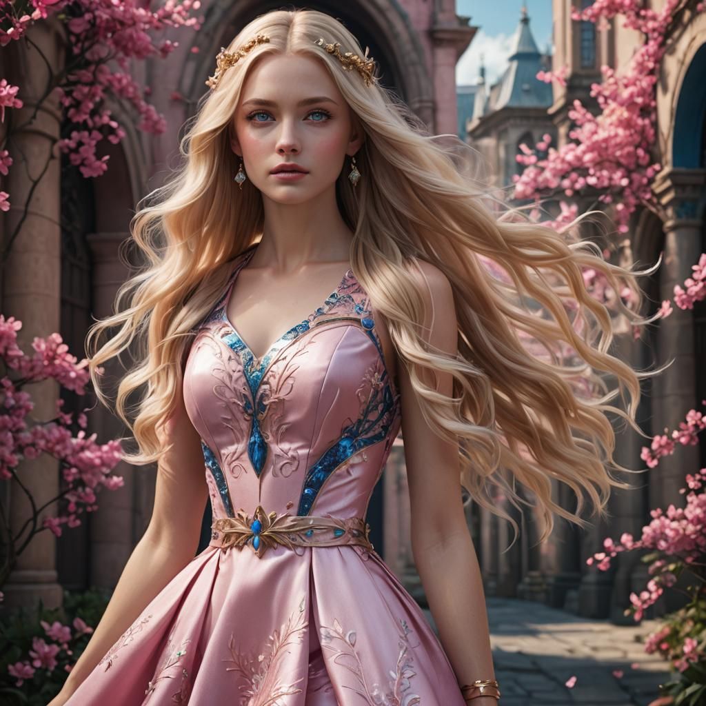Beautiful Blonde Model in Pink Dress: Detailed Digital Art