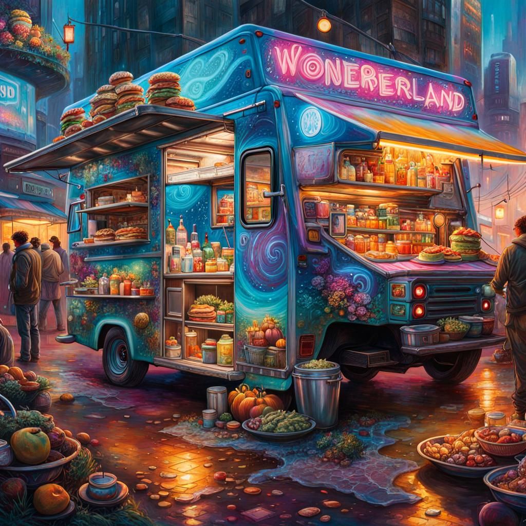 Cyberpunk Food Truck Wonderland: Hyperrealistic Sci-Fi Art