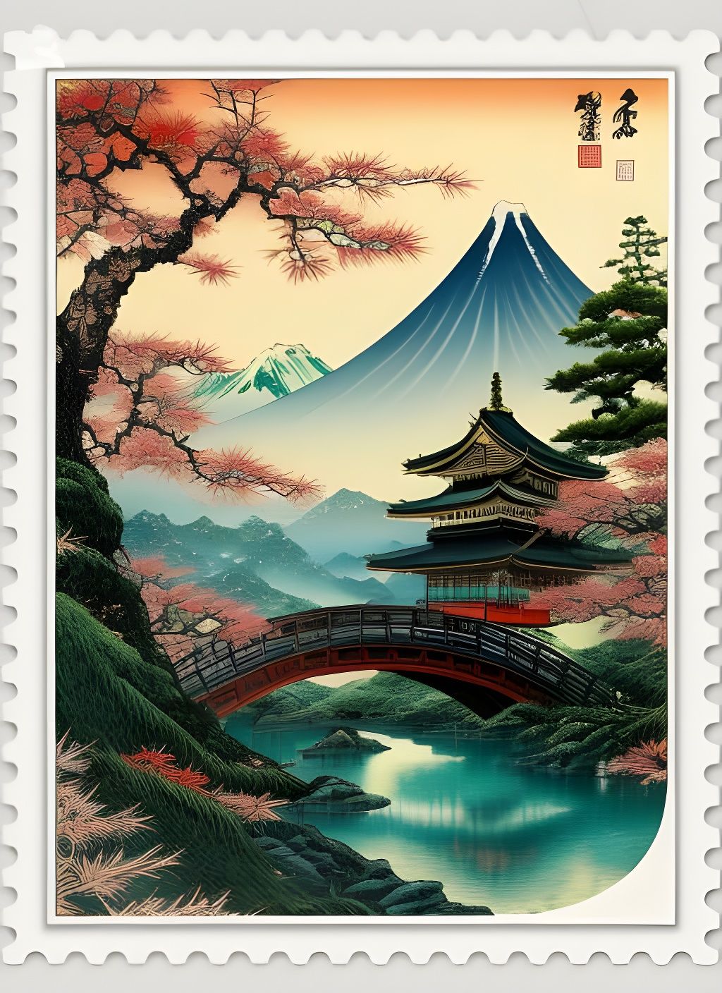 Japanese Landscape Stamp: Ukiyo-e Watercolor Painting