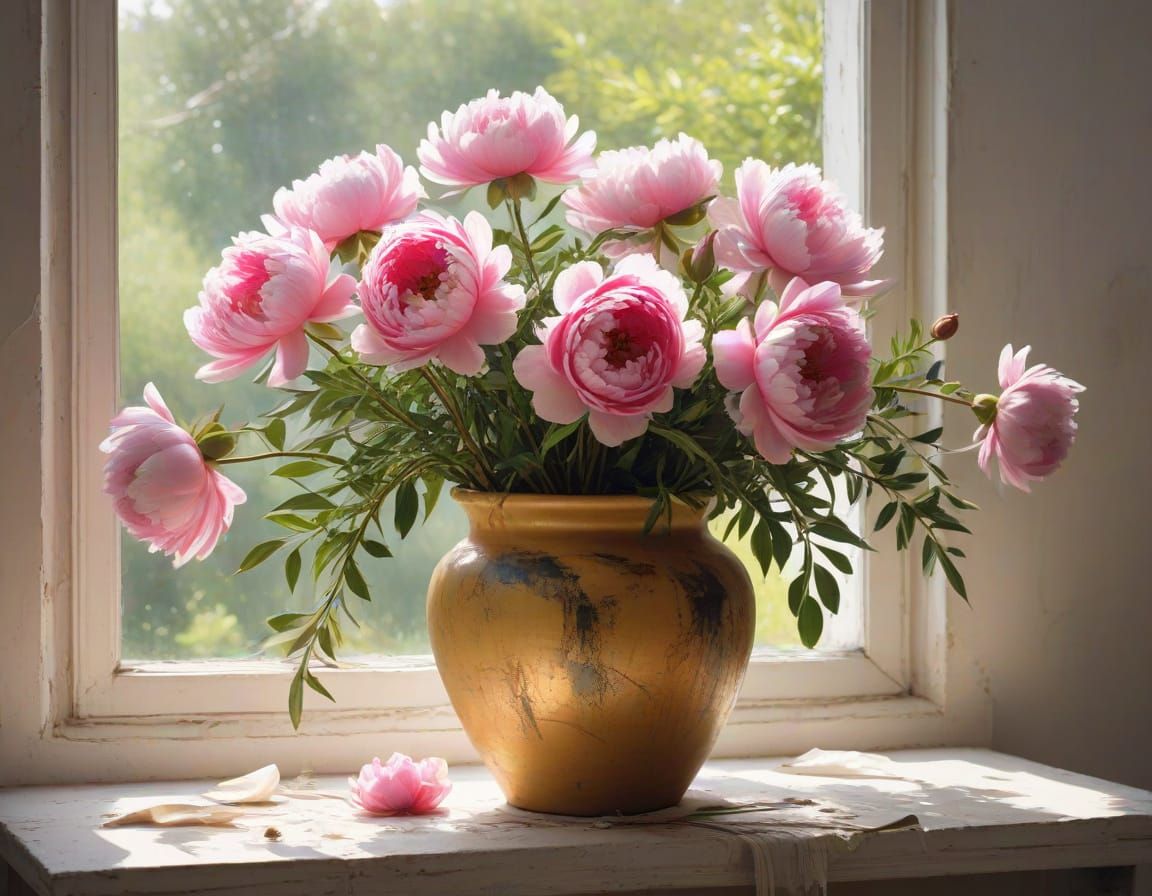 Lush Peonies in Morning Light, French Country Painting