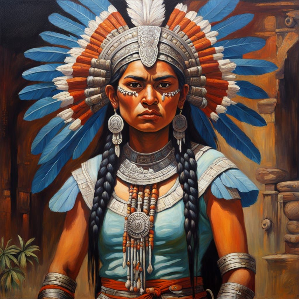 Ancient Aztec Warrior Woman in Oil Painting
