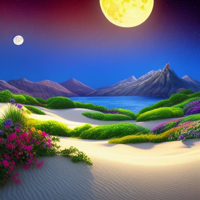 Moonlit Beach with Colorful Mountain: Fantasy Matte Painting