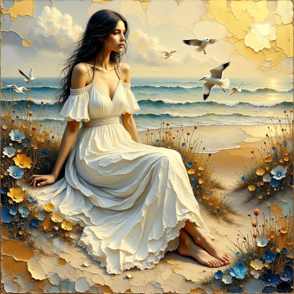 Girl on Sand Dunes in Impasto Oil Painting