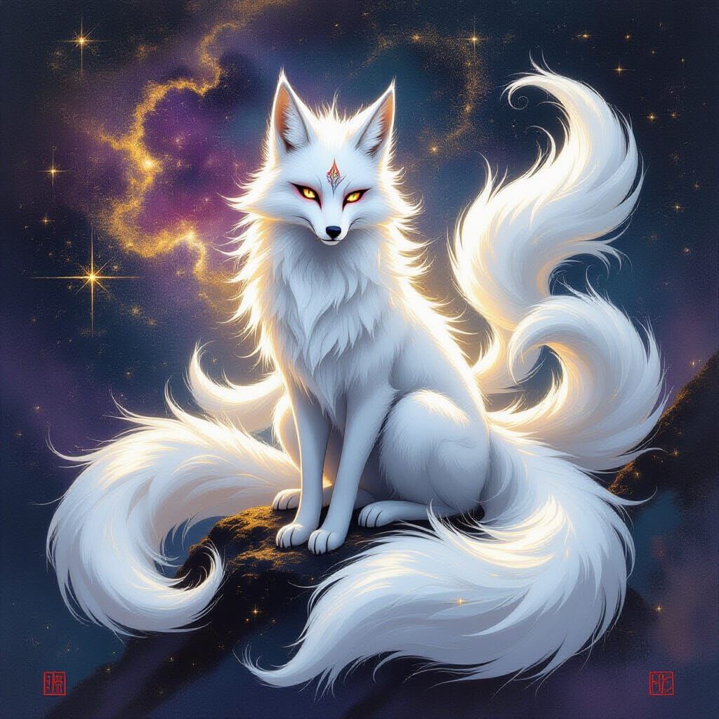 Celestial Kitsune in Nebula, Sumi-e Style