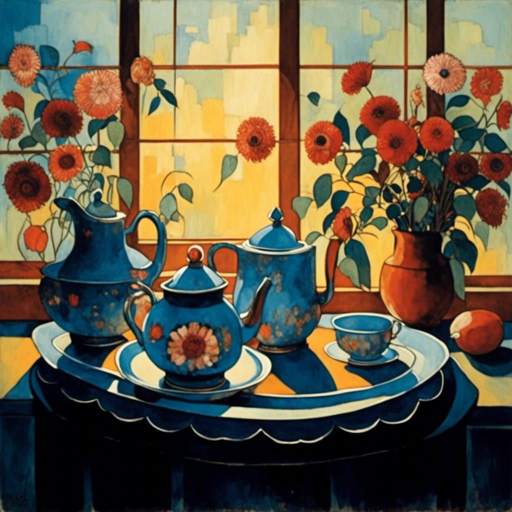 Vibrant Floral Tea Service in Soft Evening Light