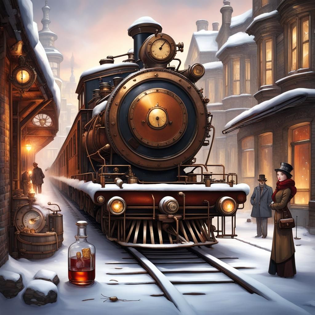 Winter Feast on Frozen Train, Mondrian Steampunk