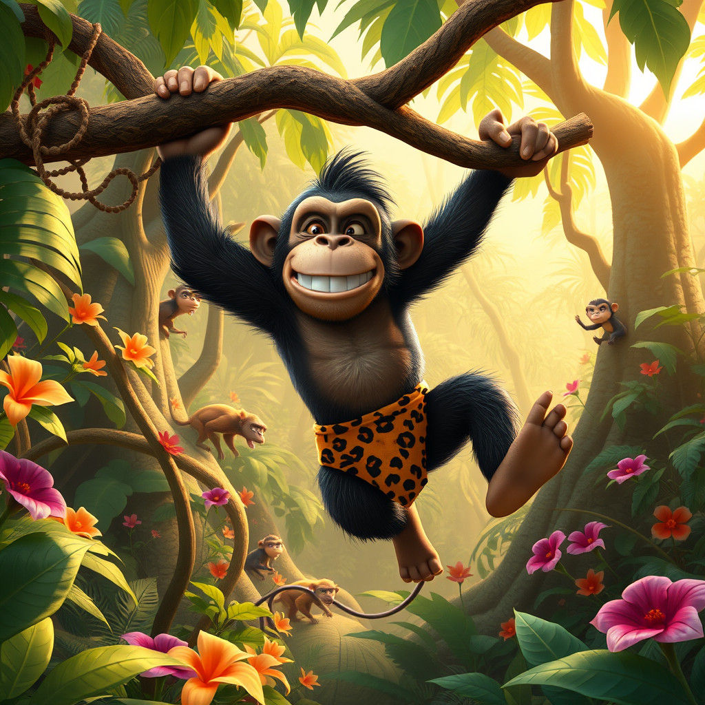 Tarzan in Jungle, Whimsical 3D Cartoon Style