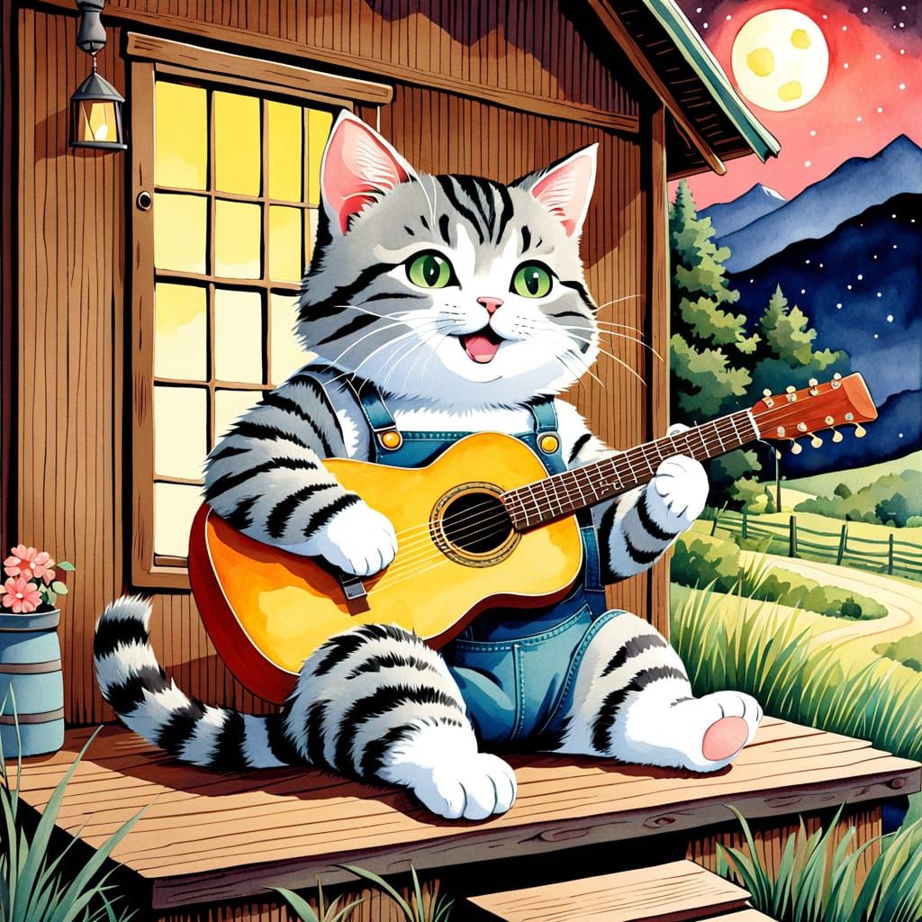 Whimsical Country Kitten Plays Guitar on Front Porch