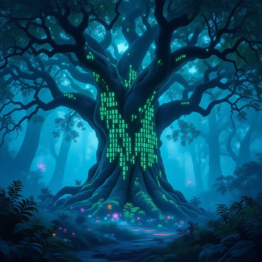 Ancient Tree With Binary Bark in Bioluminescent Forest