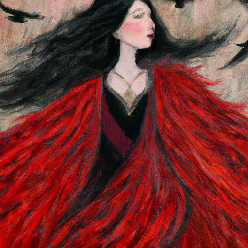 Art Nouveau Woman with Ravens in Gouache Style