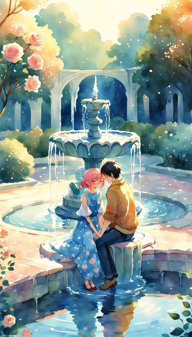 Couple by a Fountain in Watercolor Animation Style