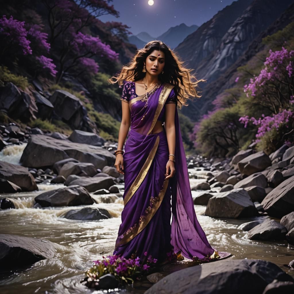 Moonlit Woman in Purple Saree by Waterfall