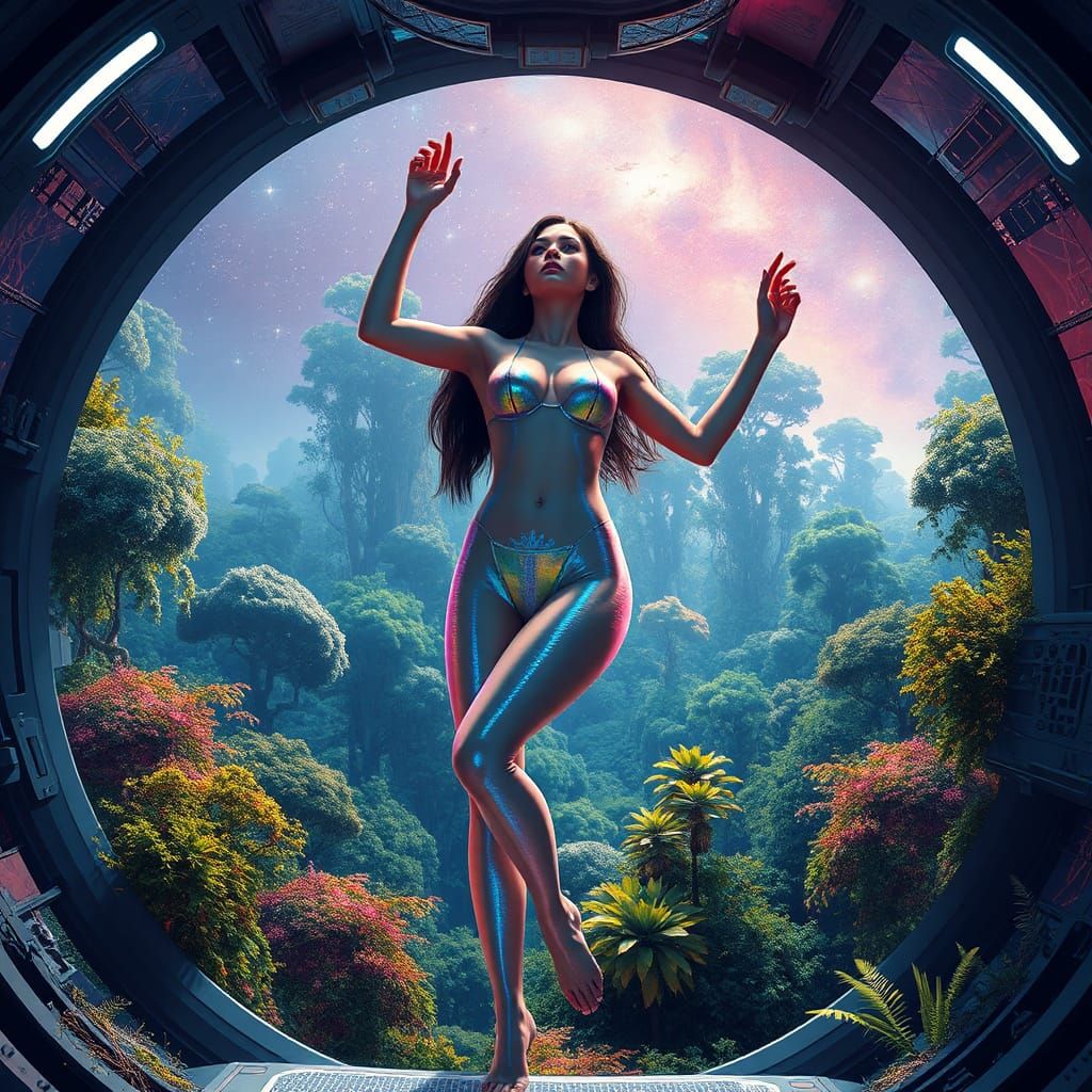 Futuristic Woman Dancing in Floating Forest Spaceship