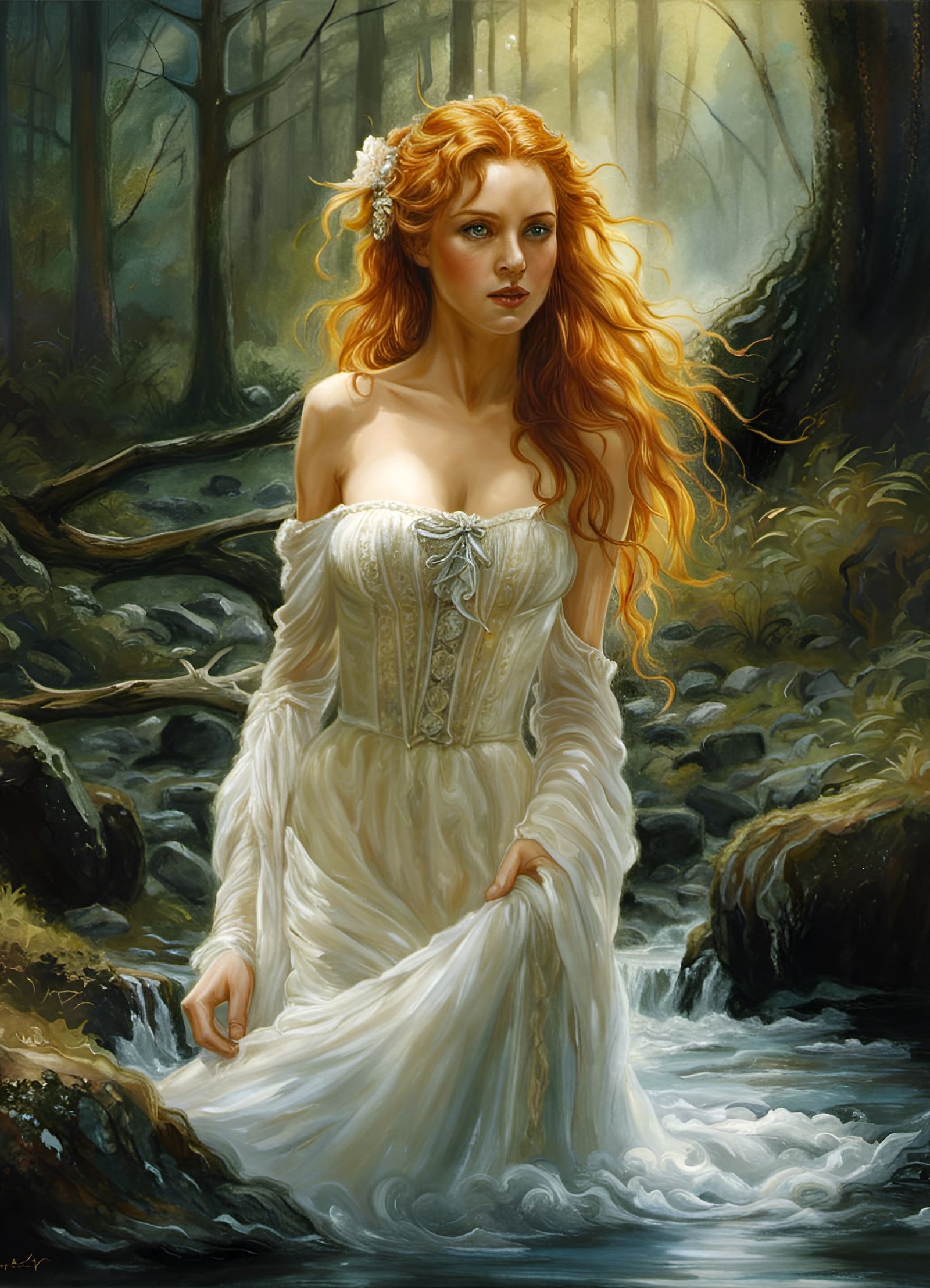 Ginger Woman Bathes in Forest River, Digital Art
