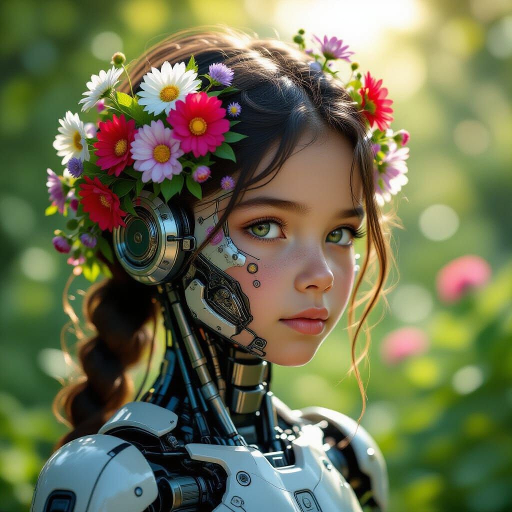 Cyborg Girl With Wildflowers in Lush Garden