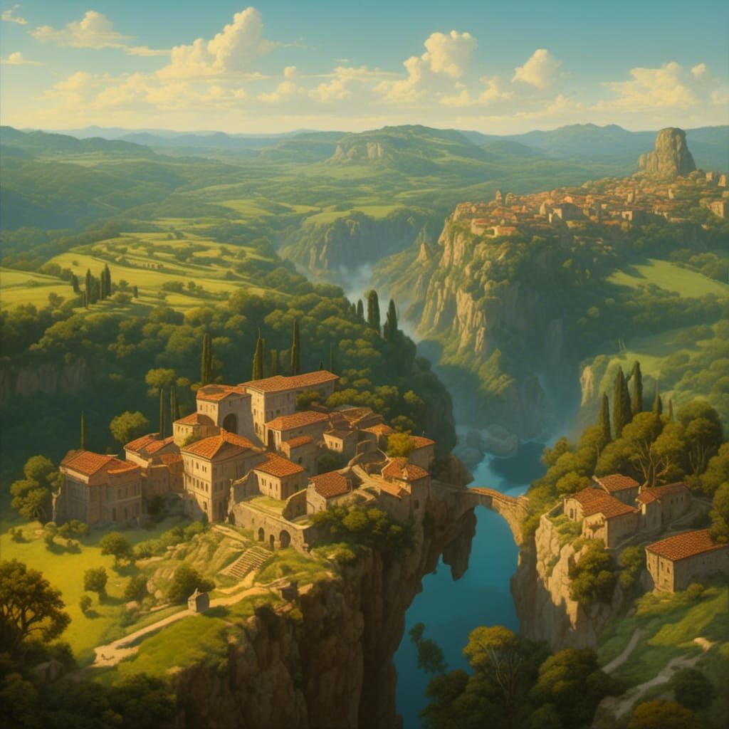 Idyllic Ancient Roman Landscape Painting with God Rays