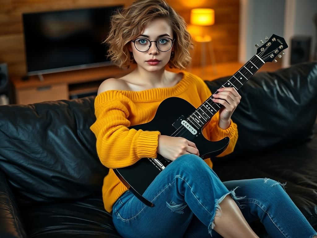 Woman with Guitar on Leather Couch