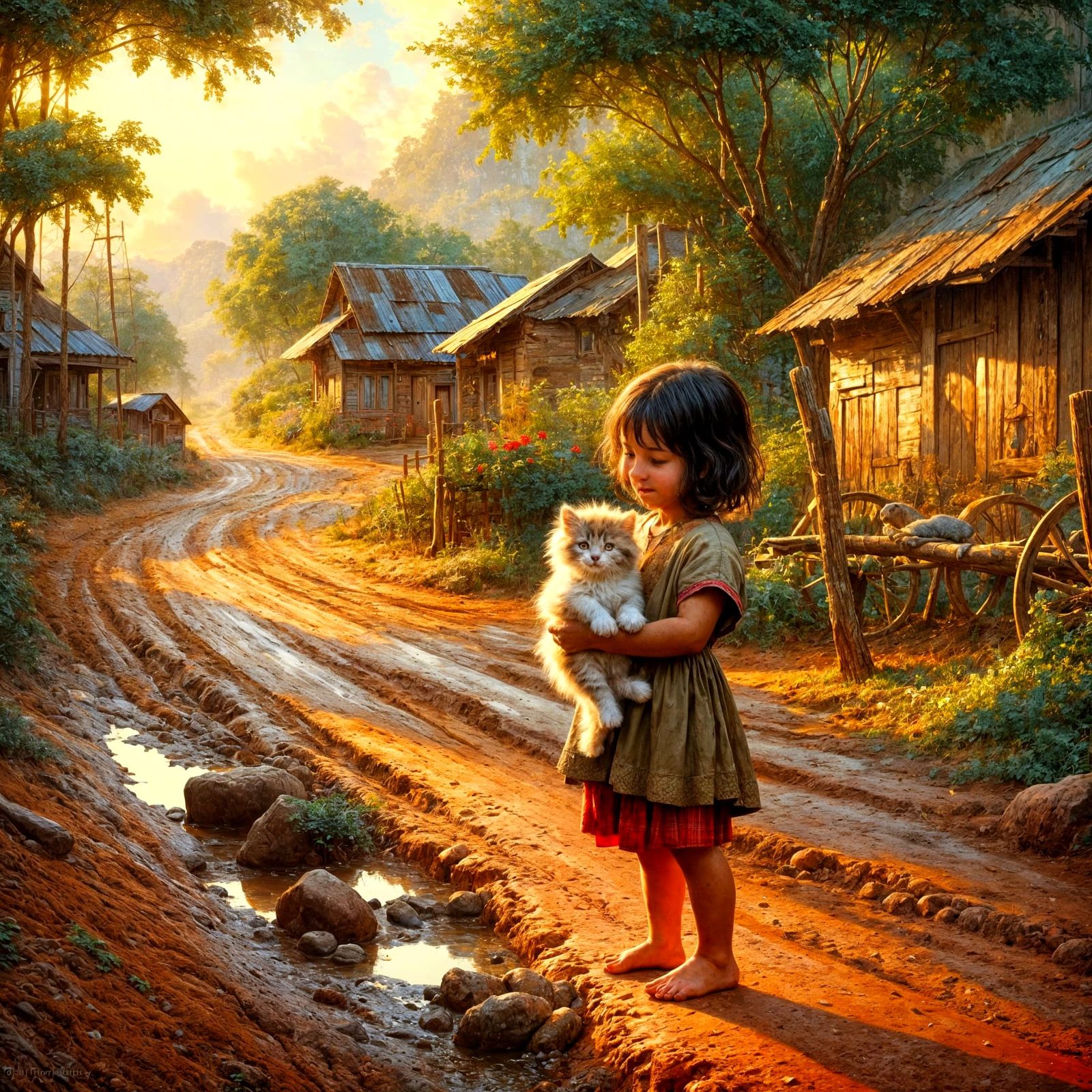Girl Hugs Kitten in Pastoral Village Oil Painting