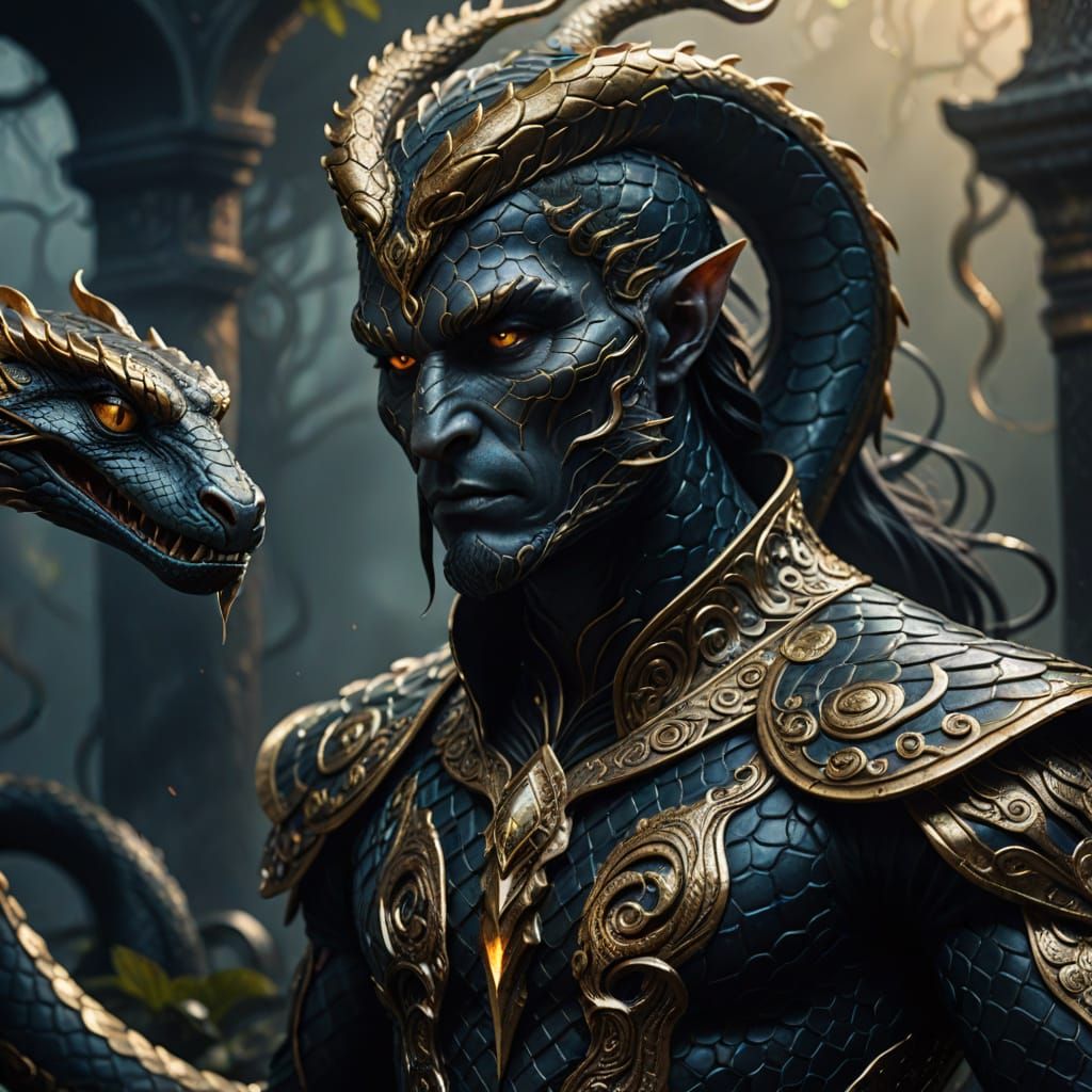 Mystical Serpent Goddess with Metallic Armor