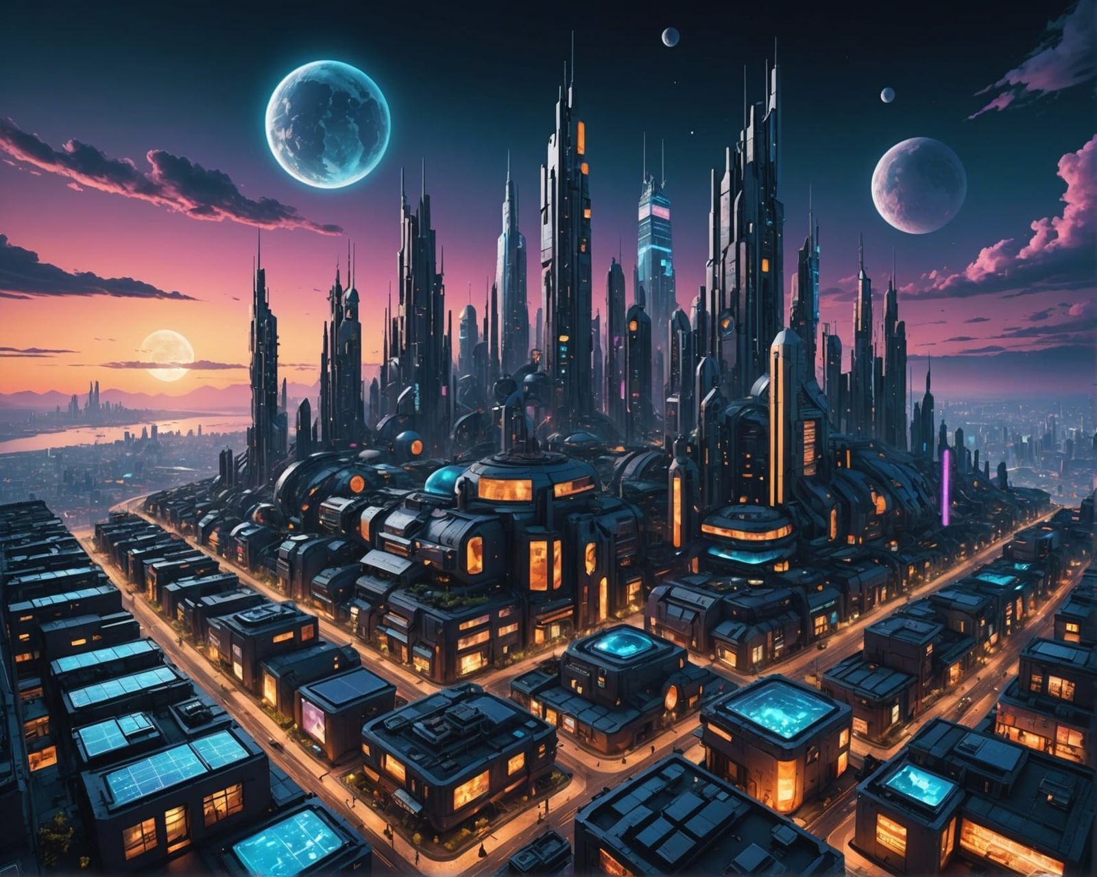 Futuristic Solarpunk Cityscape at Night in Cyberpunk Style