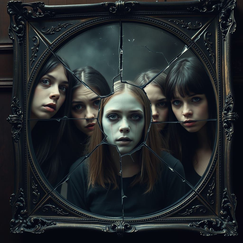 Cracked Mirror Reflecting Distressed Faces in Gothic Style