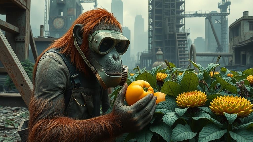 Orangutan Gardener in Post-Apocalyptic Grimdark Portrait