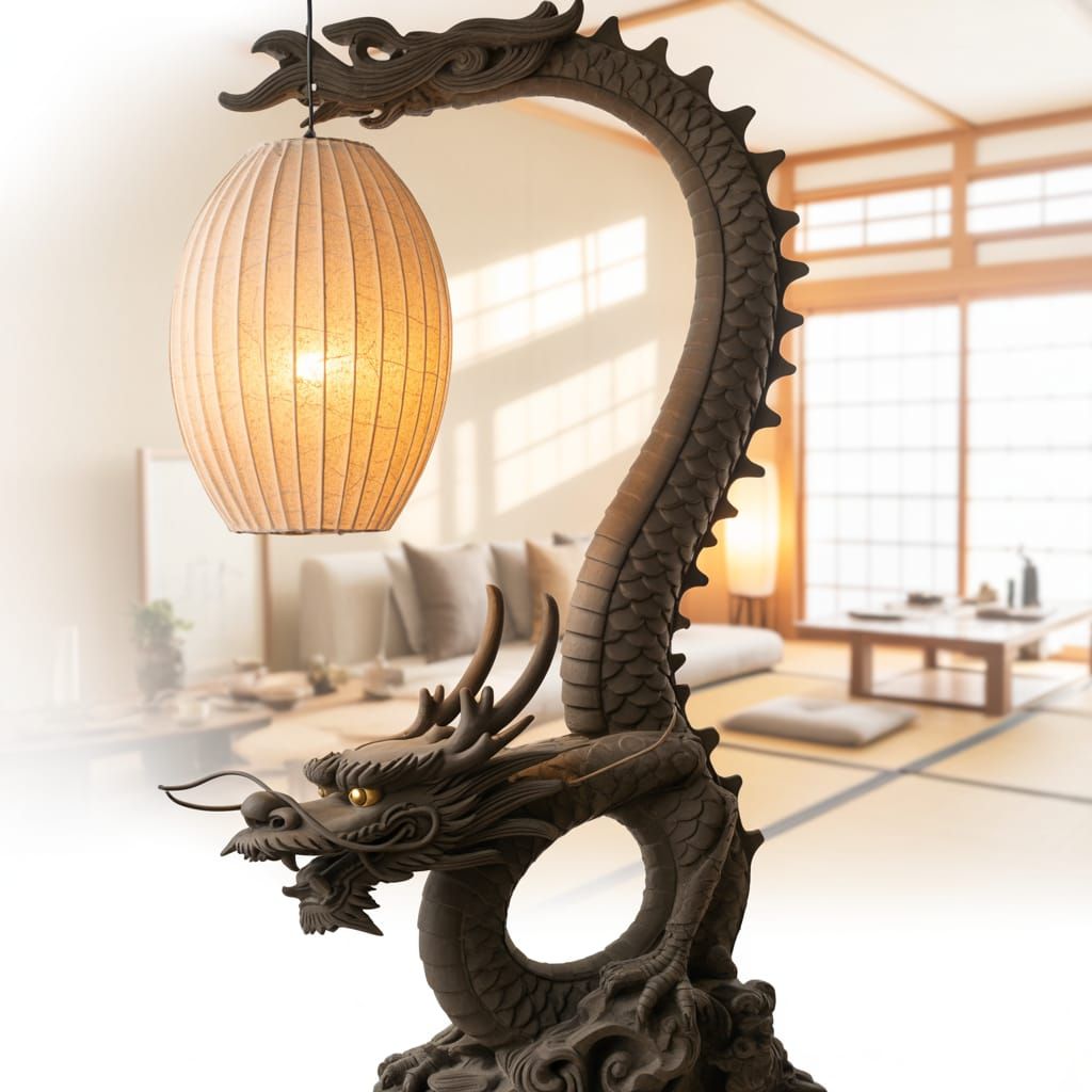 Japanese Dragon Statue with Paper Lamp