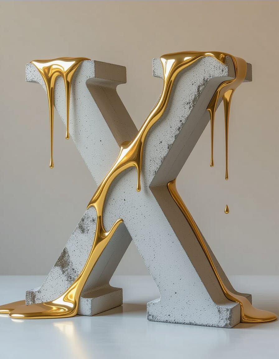 Concrete X Sculpture Intersected with Gold Threads