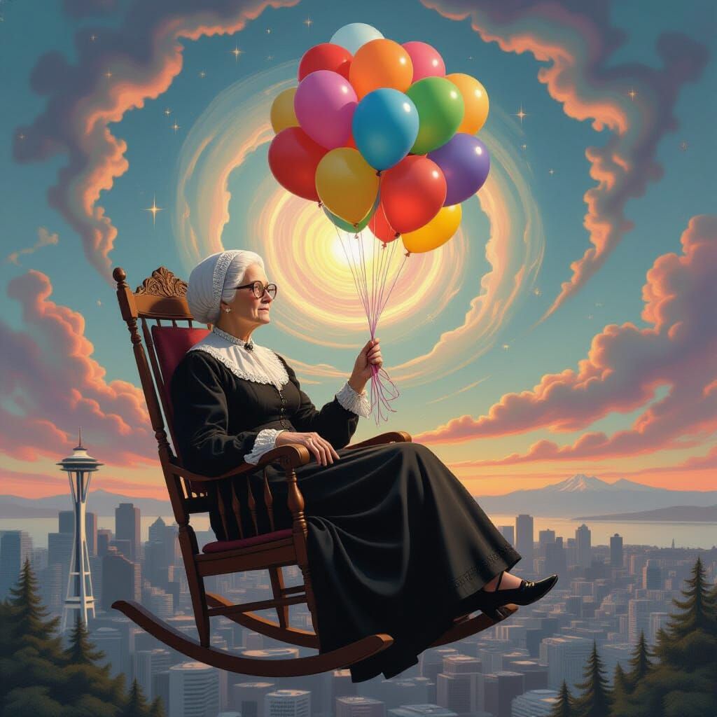 Whistler's Mother with Balloons Over San Francisco